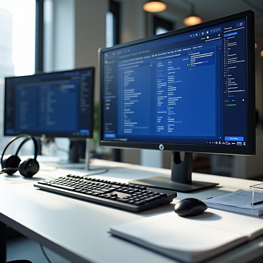 Transcription workspace with documents and audio equipment